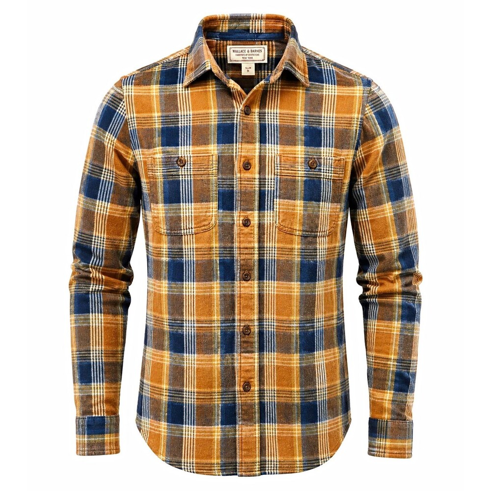 Wallace & Barnes Slim Fit Plaid Flannel Button-Up Shirt Pockets Brown Blue M